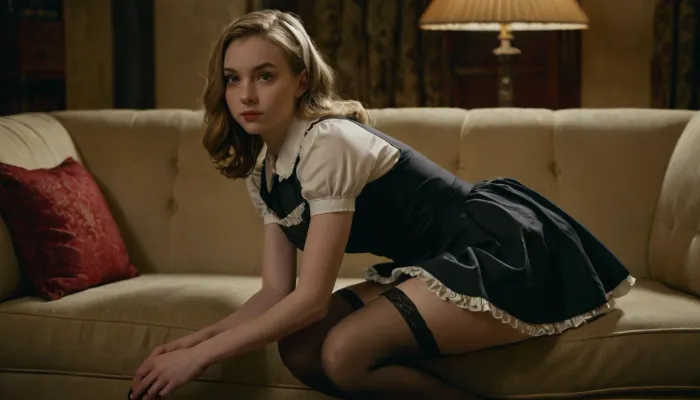 photography of a young woman, petite built, dark-blonde hair, pale skin, small breasts, wearing a short maid uniform, stockings, black highheels, bending over a sofa, looking at viewer.