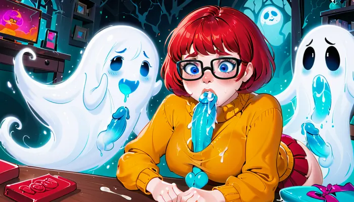 In the style of Jab Comix, cartoon style, Velma Dinkley in a haunted house, jib, jab, jabstyle, Velma is having sex with a glowing blue ghost. ghost penis in vagina. velma is crawling under a desk. ghost is her brother. velma is shocked. another ghost is fucking Velma's mouth. ghost penis in Velma's mouth. ghosts are ejaculating on Velma. ghost cum coming out of Velma's nose. excessive ghost cum all over Velma's body., (bukkake:1)