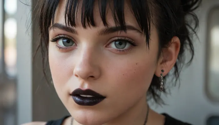 Gothic emo girl, 20 years, black hair, black lipstick, white skin, siting in train, medium natural tits, black gothics dress, naked tits, close up, orgasmic look