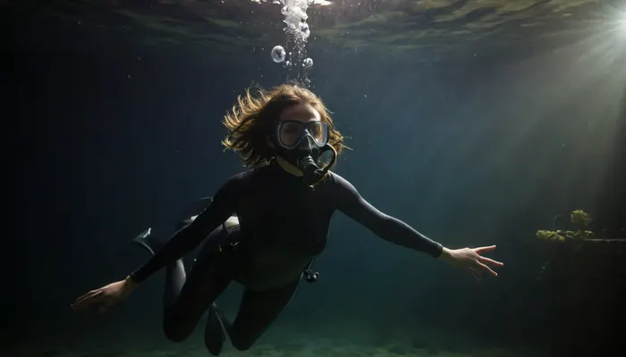 In loft, professional photography, high quality, artistic, soft, chiaroscuro, ((very contrasting light)), romantic atmosphere, a beautiful woman diver 25 year old, swimming underwater, diving suit, showing nipples, showing pussy, diving fins, diving mask, fish and bubbles around, hairy pussy, great, lighting, zavy-rmlght, <lora:add-detail-xl:2>, <lora:great_lighting:2>, <lora:zavy-rmlght-sdxl:2>