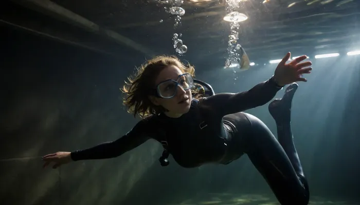 In loft, professional photography, high quality, artistic, soft, chiaroscuro, ((very contrasting light)), romantic atmosphere, a beautiful woman diver 25 year old, swimming underwater, diving suit, showing nipples, showing pussy, diving fins, diving mask, fish and bubbles around, hairy pussy, great, lighting, zavy-rmlght, <lora:add-detail-xl:2>, <lora:great_lighting:2>, <lora:zavy-rmlght-sdxl:2>