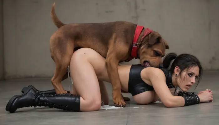 beauty goth asian female, gorgeous large breasts, rounded ass, perfect eyes, ponytail, gpth makeup, biker boots, all fours, (rape by big dog:1.8), (red knotted veins dick), (covered cum:1.3), side view