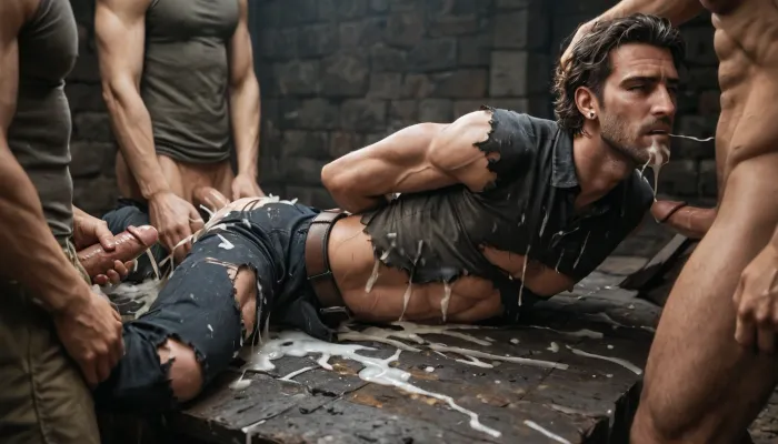 Boy 25yo, skinny body, gang rape, forced penetration, excessive cum, exhausted, ripped clothes, (male clothes), male face, male haircut, man on man, dirty cellar
Arms roped behind his back Male body, (athletic), helpless. Male on male, hatefuck, gay