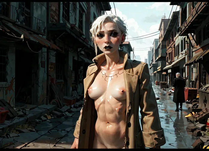 nude goth chick, ripped trench coat, flashing nude body, abandoned streets, late-90s cyberpunk hentai, hentai colour palette, gritty texture brushes, sharp inks, emotive character focus, destructive urban decay, atmosphere heavy, hentai screencap, incase, style, <lora:287175_training_data:.8>