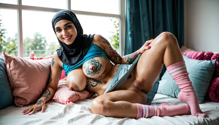 Pepa, ((18 year old)), (((brown skill))), (hijab), knee high socks, tight fitting pink and blue striped crop top, massive tits, underboob, pierced navel, laying on side, in a pink and light blue room, frilly pink pillows, teddy bears, ass play, (wet pussy), pink and blue lacy miniskirt, upskirt, photorealistic, window with sunlight shining in, well lit room, ((big nipples)), smile, ((big tattoos:1.4)), orgasmface, natural saggy boobs, score_9, score_8_up, score_7_up, score_6_up, beautiful face, big sagging natural breasts, natural breasts, overflowing high cleavage
