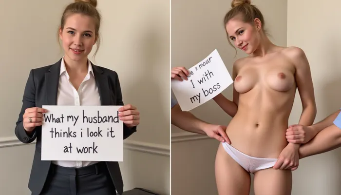 side-by-side two pictures of a young Swedish, petite, woman, blonde hair in a bun on top of her head, standing in an office, wearing a wedding ring. On the first picture on the left she wears a formal pantsuit, and holds a handmade sign with text "What my husband thinks I look like at work". On the second picture on the right she is half naked, exposing a breast groped by a man, a mans fingers in her underwear and holds a handmade sign with text "with my boss".