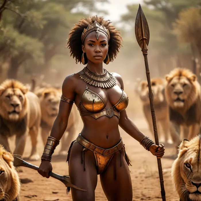 Beautiful African Queen battling a pride of lions, queen holds a spear and African shield, battle pose, saggy breasts, natural breasts, muscular ass, muscular thighs, glistening with sweat, <lora:MJ52:.8>, <lora:bombshell_v2:.4>
