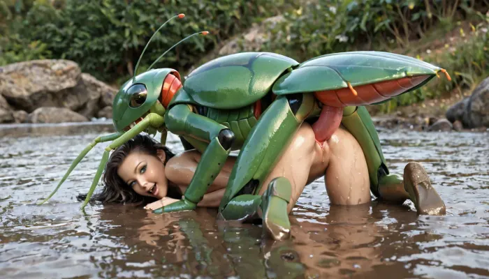 giant mantis monster, appearance inscect, giants mantis, white inscet, several legs, multiple leg, sex with female, mantis monster sex, tapering penis mantis in ass, fucked beautiful female, in mud, looking at viewer, two people