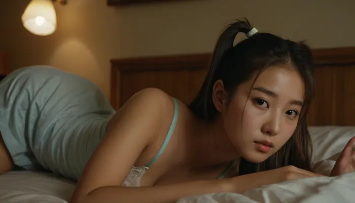 Seductive 22-year old Korean college girl laying in her bed in her college dorm and she is masturbating, she is not wearing any panties, her hair is in two short ponytails, quarter cup bra, QuarterCup, <lora:236276_training_data:.8>