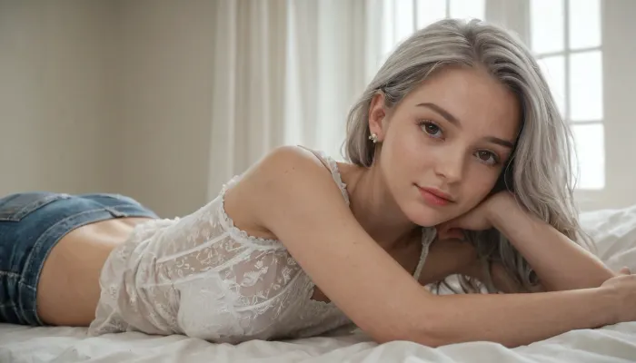 A beautiful, slim 34-year-old woman, 160cm tall, 50kg, silver hair, brown eyes, peaceful face, wearing a white blouse and jeans, lying on her stomach. Her face is in the foreground, head slightly turned to the camera, body extending into the background. A man behind her gently giving her a back massage. Ultra-realistic lighting, cinematic detail, 8K masterpiece, soft natural shadows, serene atmosphere