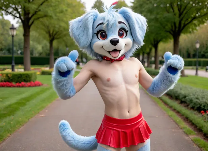 (18 year old femboy), male, flat chest, (((micro size penis, tiny penis, micro penis, small penis))), feminine body, feminine waist, feminine hips, femboy, miniskirt, schoolgirl skirt, fursuit head, animal ears, red leather collar, public park, smooth body, full body angle, pov angle, fursuit paws, fluffy, dog fursuit, fursuit muzzle, fursuit eyes, fursuit teeth, fursuit tongue, blue furry dog penis, dog knot, poodling, cute penis, blushing, paws held up, innocent, soft boy, <lora:278488_training_data:2>, <lora:FursuitXL:2>