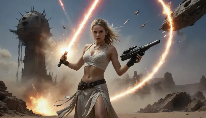 Star Wars Style, heroic full body view of a single female Jedi Warrior dynamically shoots salvos into the sky with a large laser cannon in front of crashing exploding Millennium Falcon, very slender, blonde matted dreadlocks, flat-chested, sweating, dirt, perfect tanned skin, lucky charm necklace, highly detailed used dirty torn tattered Jedi toga, perfect face, desert, bright sunshine on sweaty skin, deep blue sky, spaceport, exploding and crashing millennium falcon in background, 8k, high resolution, cinematic, mfalcon, Millennium, Falcon, Black, and, white, art, black, shading, charcoal, drawing, toned, brutal, dark, b/w, color, scheme, cloudy, smoke, atmospheric, clouds, fog, <lora:Millennium_Falcon_SDXL_v1_mfalcon_e10:1.6>, <lora:Hell_Constantine_2005_-_Anime:1.2>, <lora:Black and white art.V1:.6>, <lora:Cloudy_Style:1.2>, <lora:ahxl_v1:.5>