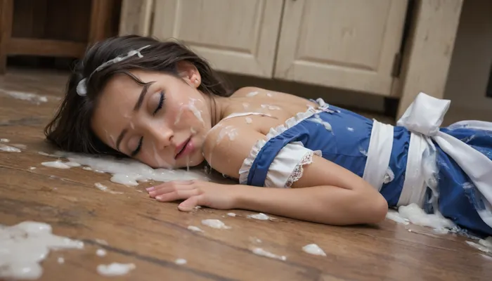 (Disney's Pocahontas), highly detailed face, cute, teenager, (young:1.8), well tanned skin, dark tan, french maid outift, torn dress, lying on kitchen floor, passed out, asleep, eyes closed, knocked out, head leaning against cabinet, left for dead, used, abused, degraded, defiled, humiliated, covered in excessive cum, cum drenchhed, cum all over her body, cum on clothes, cum covered face, woman, cum, on, face, maid, <lora:JustCum:2>, <lora:754990_training_data:2>, <lora:xl_cute_maid_dress-1.0:2>