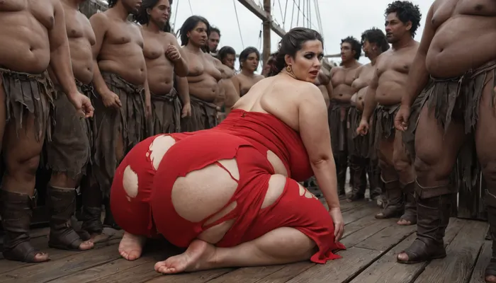 17th century-one chubby, extreme fat, obese, slight cellulite, overfed, sagging belly, fat, wobbly ass fat round face with double chin, spabish ssbbw mature aristocrat women, ((torn red dress)), ((dark hair)), (makeup), gang rape by ugly, angry, skinny, horny brtish pirates, (they are complete in 17th century pirates clothes-not bude !!), with small cocks on the deck of an 17th century pirates ship