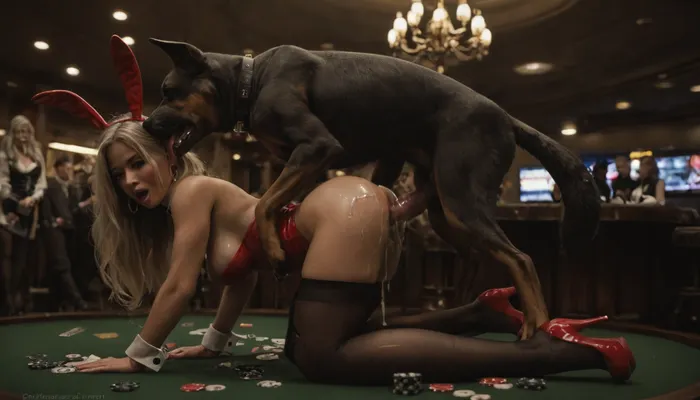 masterpiece, high definition, 4k, perfect_makeup, dumb blonde, straightend hair, bestiality, zoophilia, (((dog fucking girl))), sweaty, beautiful_face, happy, open_mouth, glistening skin, blush, hugh_boobs, hugh_breasts, cleavage, red bunnysuit, cufflinks, bunny_ears, ripped leggings, high_heels, casino, poker_chips, poker_cards, poker_table, dollar_bills, coins, casino lighting, casino_lighting, chandelier, dark_lighting, las_vegas casino, ejaculation, huge dog_penis, big dog penis, dog_doggystyle, dog_fucking, cum on ass, cum on ground, dog_bestiality, dog_zoophilia, dog_breeding, crowd, fucked from behind, doggy_position, supermodel, face, big, lips, playboy, bunny_suit, woman, cum_trails, running cum from ass, cum_shot, cum everywhere, cum on clothes, <lora:Beautify-Supermodel-SDXL:.8>, <lora:playboy bunny 1b-000001:.8>, <lora:dark:.2>, <lora:708827_training_data:.8>