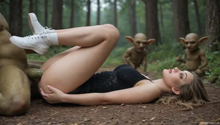 masterpiece, 8K quality, Dark Forest, Night, Little Black Bed, beauty 18 years old Russia girl, blond long Hair, hourglass figure, Normal Natural breasts, sweet round ass, perfect eyes, Black Long Beauty dress, White Sneaker, on the Ground, Goblin, (Fucked by Goblin:1.2), (Green knotted veins dick), Side View, View from far away, Missionar, on Back