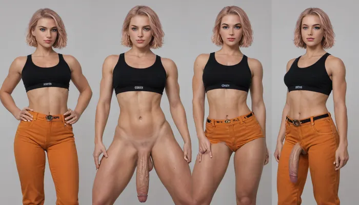 ((futa feminine)), (visible big penis:2), (full body), vibrant pink hair, sitting with legs wide apart, head tilted back. She wears tight black crop top revealing abs with abstract tattoo, and orange chaps by a wide belt with large buckle and dangling metal chains, crotch fully exposed. fingering, hyper-detailed skin texture, fabric folds, Belt chains, multiple rings, Contrast between orange chaps, black top, pink hair, Confident, edgy, high-fashion eroticism extremely attractive, wow factor, stunning, incredibly pretty, very sensual, model face, a perfect 10, superb, beautiful, earrings, athletic, muscular, high resolution skin, 8k, 150mm, subsurface scattering, highly detailed eyes, ultra realistic skin, gorgeous face, hyperrealistic, facial muscles, nice stomach, athletic legs, posing, sweaty, muscular lower body, thick, short haircut, 25 years old, Gritty hyperrealistic style, cinematic lighting, dark atmosphere. Color palette, black, ochre, dark green. Highly detailed, dramatic tension, no stylization, no cartoon, perky nipples, pale irish skin tone, tattoo, tanlines, sunburn, freckles, swedish, toned abs, Wide hips, huge quads, kempt pubes, <lora:uberfit_lora_sdxl:.9>, <lora:DetailedEyes_V3:.4>