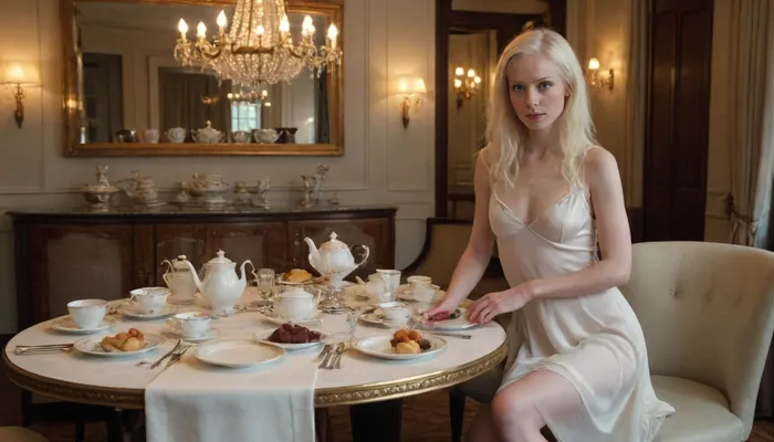 A RAW photo of a petite Scandinavian woman, 35 y.o., albino, very skinny, black eyes, long wild hair, hair styled elegantly, a delicate figure, slim and athletic, a narrow waist, a very flat stomach, beautiful athletic legs, very small firm breasts, wearing a light elegant silk see-through dress in an elegantly furnished busy British afternoon tea room with a modern, having afternoon tea with friends, a group of people sitting at the table, sophisticated design, sitting sensually on a lavish tea table, which is adorned with fine china, sparkling glassware, and neatly folded napkins, soft and warm lighting, enhance the model's curves and the luxurious textures of the table setting, the background features a glass cabinet displaying elegant tableware, adding a touch of opulence to the overall composition, 4K, 8K UHD, hyper-photorealistic, ultra-realistic