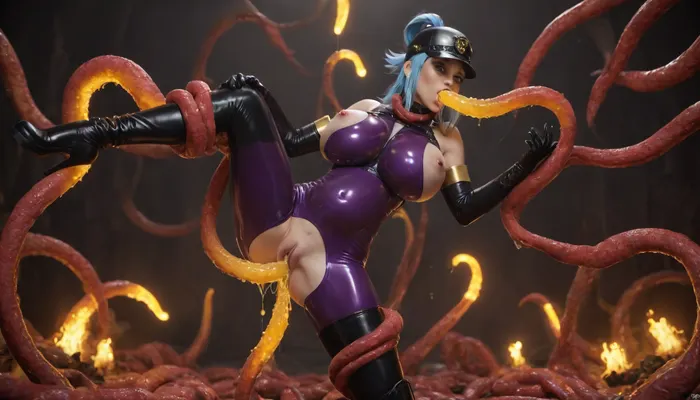 ((((solo)))), (((aqua from konosuba))), pregnant, gigantic breasts, wears a main outfit, (latex bodysuit), a tight, shiny, translucent dark red latex suit that clings to the body. The red color is see-through, showing the skin underneath. Black lines, (trimming), on ​​the arms, legs, and torso provide contrast. Black zipper at the crotch, open for access. Black belt around the waist with straps, like a harness, with metal rings. Zipper open, with piercing. Main color, shiny purple, (bodysuit), . Black parts, trim, boots, hat, belt straps. All shiny, reflecting light. Hat, (mistress cap), black leather military-style cap. Shiny finish, round top, wide, flat visor. Seam on the visor, silver metal buckle on the front strap. No logos/badges, somewhat worn with creases. Gloves, tight, translucent dark red latex opera gloves, black around the hands, gripping crop. Boots, black thigh-high latex boots, very shiny, no decorations, smooth, tight fit. Small heel . . Whip tattoo on thigh, black roses, red visible through the latex. Pose, Standing upright, one hand on hip, the other on the whip, powerful, sexy, daring for BDSM. Everything shines, her ass cheeks spread, . Trembling submissive, latex military hat, no badge, latex stockings, red translucent Cuban opera gloves, black trim on the hands, knee-high latex boots., ((golden glowing ghost tentacles extend towards her), (((Tentacle wrapped around her body and neck))), ((Tentacle wrapped around her breasts)), ((golden glowing tentacle enters her mouth)), ((She sucks on the tentacle)), ((Tentacle blowjob)), and at the same time, ((Tentacles wrap around legs and open them)), (Tentacle fucks her pussy)), ((Tentacle deep inside her pussy)), ((((Bright golden tentacle cum drips from her mouth)))), ((((golden glowing tentacle cum flows out her pussy)))), ((side view)), ((((mega golden cum in pussy)))), ahegao, ((((dripping golden cum))))