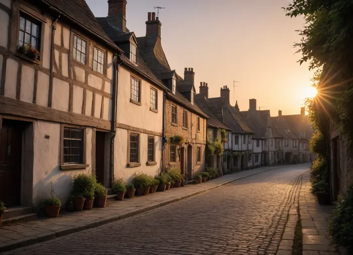 sunrise in medieval english town street