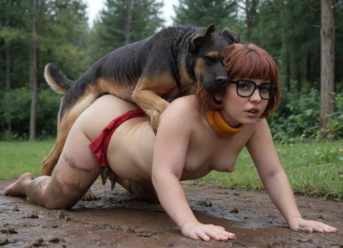 ((((image of gorgeous chubby young woman like velma dinkley, (small breasts:1.9), velma dinkley, outside in mud on all fours getting fucked by a dogs, (dogs fucking woman), ((dogs mounting woman)), big dogs, woman under dogs)))), sad face, dogs cock in ass, knotted, knotted cock, canine cock, massive cum shot, ((shocked)), crying, ((red marks on back, red marks on shoulders, red marks on ass)), (red marks:1.4), cumloads, imposibble penetration, (chubby girl:1.4), (thick tights:1.6), (skinny:1.1), full body shot, (thick white cum:1.5), (dynamic view), (dynamic angle), looking at viewer, <lora:SDXLHighDetail_v6-000005:1.2>, <lora:CineHelperXL_the_medium_shot:2>, <lora:Picture_enhancer:.7>, <lora:ahxl_v1:2>, <lora:German_Pointer_XL:1.3>