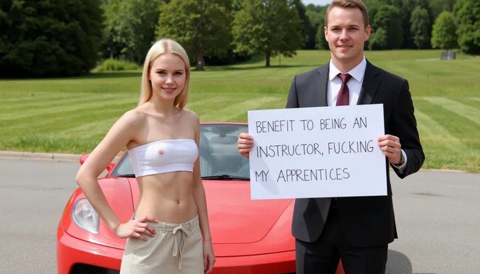 A petite young woman, (((wearing a short skirt and a short strapless crop top))), ((nonnude)), blonde hair.
Next to her stands a man in a suit, holding a handwritten sign with text "BENEFIT OF BEING AN INSTRUCTOR, FUCKING MY APPRENTICES". They stand in front of his sportscar in a nice landsape.