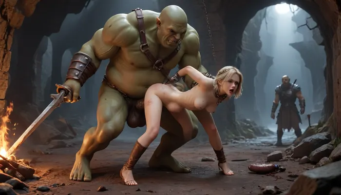 orc man fucking a girl like a cock sleeve, onarmor, meat shield, medium breasts, chain, size difference, bound, dark dungeon, underground cave, rape, raped, uncomfortable, cock sleeve, stomach bulge, bulge, crying, screeaming, unwanted, salve, sex salve, sex toy, sex torture, orc man standing with the girl strapped to the orc while being deeply penetrated, bruised, blood, terror, <lora:onarmor_xl:1>