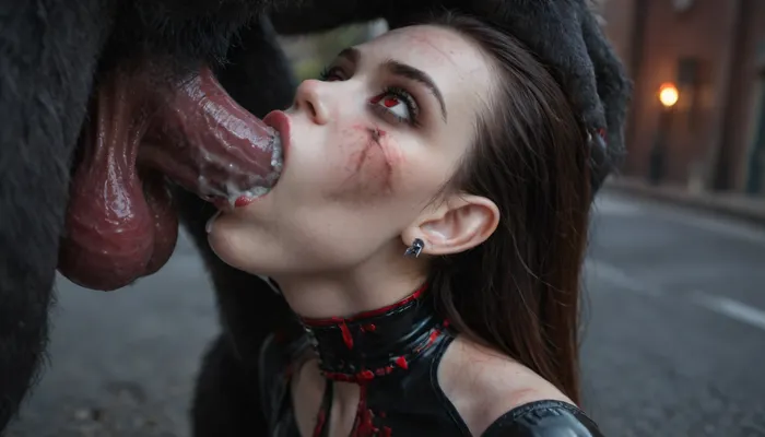 petite 18yo vampire girl, latex suit, pain expression, (injured:1.8), (pale skin:2), (vampire:2), (deepthroat:1.8), (barely fit in mouth), (((by werewolf huge monstrous dick))), (cum:1.2), (dark street background:1.2)