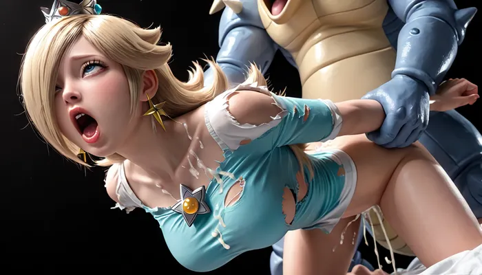 Rosalina, Long Blonde hair, Small Crown, 1 girl, on all fours, slender body, Large breasts, fucked by Nidoking from pokemon, massive cock, ahegao, cum on back, Arms held back, ripped clothes, ripped shirt, Below view, (((moaning:1.5))), (((arms held back:1.2)))