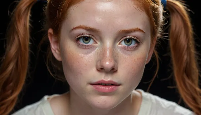 score_9, black backround, closeup female, ginger hair, low twintails, soft freckles, poitny nose, oval face, mole under eyes