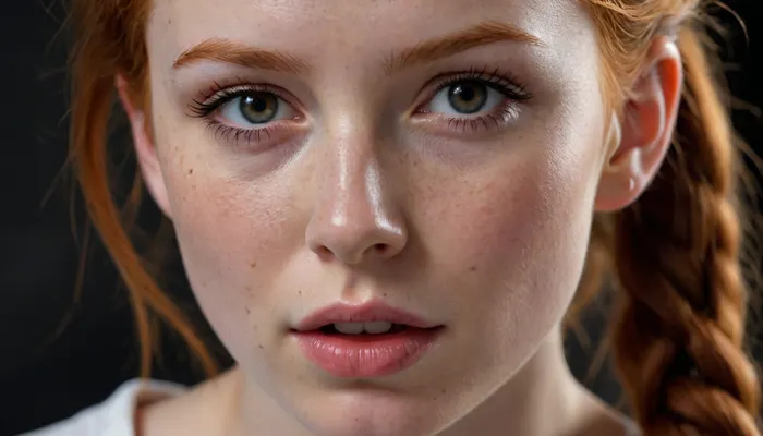 score_9, black backround, closeup female, ginger hair, low twintails, soft freckles, pointy nose, oval face, mole under eyes, kissing tip of penis