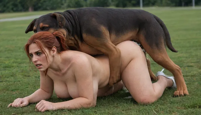 beauty obese redhead female, gorgeous large breasts, rounded ass, perfect eyes, ponytail, bright makeup, high heels, all fours, lawn, (rape by big dog:1.8), (covered cum:1.3), side view