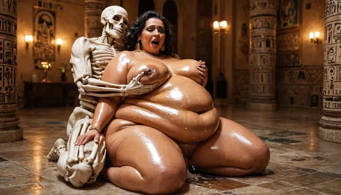 masterpiece, high resolution, ultra detailed, 8k, Night, Museum of Ancient Egypt, wall decorated with Egyptian bas-reliefs and hieroglyphs, ((two skeletons having sex and groping a beautiful, orgasm face, fat, obese, love handles, wide hips, little cellulit, overfed, fat rolls belly, wobbly ass, oiled, body, fat double chin face, overweight milf)), super detailed photorealistic image, full body view view, 8K quality., skeleton, <lora:sdxlSkeletonLora:.8>