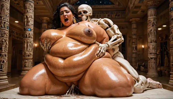 masterpiece, high resolution, ultra detailed, 8k, Night, Museum of Ancient Egypt, wall decorated with Egyptian bas-reliefs and hieroglyphs, ((two skeletons having sex and groping a beautiful, orgasm face, fat, obese, very little cellulit, overfed, fat rolls belly, wobbly ass, oiled, body, fat double chin face, overweight milf)), super detailed photorealistic image, full body view view, 8K quality., skeleton, <lora:sdxlSkeletonLora:.8>