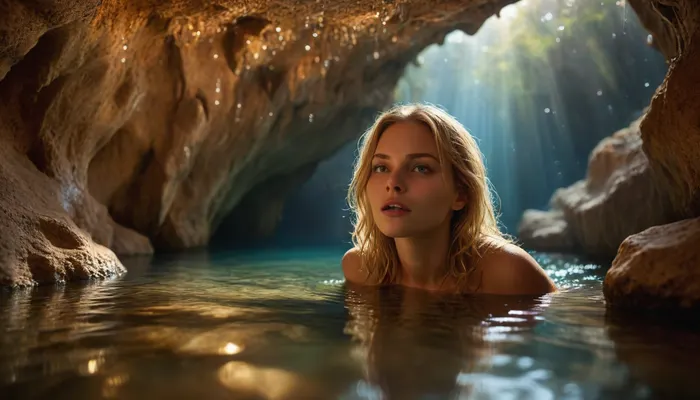 Ultra-Realistic Photography, Flickr Trending, Pinterest Trending, Insanely Detailed & Intricate, Realistic, Authentic, Genuine, Natural, into a huge air-filled underwater cave, realistic wet skin, sexy, blonde hair, perfect slender body, surprised face, discovers very huge hall-like underwater cave, diamond cave, an undiscovered diamond cave, the walls glitter with millions of diamond shards on the walls, the fantastic play of light from the reflections of the water and the diamonds is breathtaking, Sunlight breaks through small holes in the cave ceiling into the cave, the walls are covered with tiny diamonds, body in focus, The image concept could have come from a dream, the image parameters ensure a dreamy, soft design, ocean, fantasy, under the sea, outdoors, photography, underwater, grotto, cave, sandy, sea, floor, reef, <lora:xs_4d:.7>, <lora:MJ52:.5>, <lora:SDXLHighDetail_v6-000005:.3>, <lora:Underwater_Environment_v01-000002:.8>