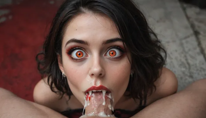 (vampire girl:2), 18yo, cute, petite, (surprised expression:1.6), (vampire fangs:1.6), (huge dick), (sucking dick blood:1.6), (deepthroat:1.2), pov, (cum overflowing from mouth:1.6), (dark street background)