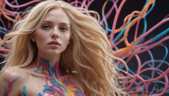 arafed image of a woman with a very long blonde hair, chaotic swirling ferrofluids, dribbble 8k, nekro xiii, sculpted out of candy, human bodies intertwined, scribbled lines, surrender, polychromatic, anthropomorphic, humanoid, diffuse subsurface scattering, she looks to the side