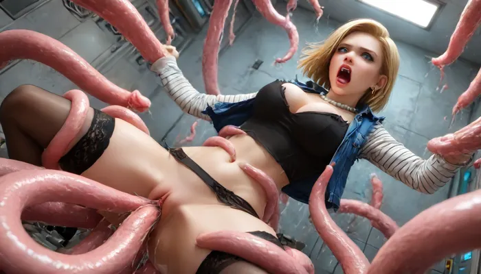 High angle, (sci-fiction prison cel), best quality of a sci-fiction cyberpunk lawyer curved thick body dark skinned, (best quality voluptuous big busty android18), ((clothes torned to shreds by tentacles)), suddenly tentacles sex everywhere attacks android18 trying to restrain capture android18, ((best detailed long tentacles arouns entangled her stomach torso)), squeeze air out of android18's lungs, gasping for air heavily, in an empty lecture room laying restrained by tentacles on her side lifting her skirt, (screaming very loud:2), in pain, tentacles shred clothing top teared down, tentacles abuse android18's pussy, hard penetration of tentacles, wearing sparkling gold blazer, black pants, open white blouse, cleavage, (showing hard very round silicone tits), black nylons, garter belt, stockings, glasses, pearl necklace, earrings, elegant makeup, glossy lips, auburn long partially blond hair, hair bun, brown gold shiny skin, very deep cleavage, bmbplora, sysdeep_android18, d3t3nt10n, c3ll, <lora:PAseer-SDXL-AcceleratorLighting:1.6>, <lora:bimboxl_02:1.4>, <lora:Android 18 - [Dragonball] - SDXL Version 2:1.4>, <lora:d3t3nt10n_c3ll:1.4>, <lora:M05_Intensify:.8>