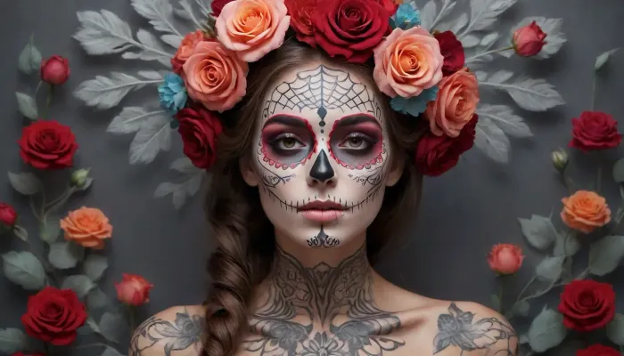 A illustration in bright pastels of a woman with an intricately designed sugar skull, a symbol deeply rooted in Mexican Day of the Dead, (Día de los Muertos), celebrations. The composition is centered, drawing immediate focus to the woman's face, which is adorned with elaborate, symmetrical patterns. The monochromatic palette, dominated by shades of grey and white, emphasizes the ethereal and serene quality of the piece. The artist employs a hyper-realistic style, evident in the meticulous detailing of the woman's hair, which cascades with realistic texture, and the delicate petals of the roses that frame her head. The use of light and shadow is subtle yet effective, creating depth and dimensionality in the image. Soft gradients and smooth transitions between tones. The symmetrical arrangement of the flowers and the skull's patterns evoke a sense of balance and harmony, while the woman's calm, slightly melancholic expression adds an emotional layer. Contemporary art movement, with influences from traditional Mexican folk art and modern hyper-realism. romantic sunset, red, smoke, colorful and vibrant, mystical colors, iridescent perspective view, sweeping circling composition, non-representational, colors and shapes, expression of feelings, imaginative, long shadows, dreamy mood, detailed photo, photorealistic photo, realistic pretty women photo, realistic night vision, soft fokus, parallax, overexposure, photo style, she kneels, cinematic, filmic, scribbled lines, surrender, polychromatic, diffuse, #©KITTYART