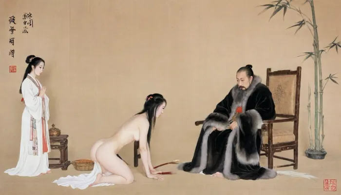 (a group of girls in line, bondage, kneeling on dirty ground, bowing to a mongolian king:1.2), (the king in furcoat sitting on a royal chair, looking at the women:1.4), ancient Chinese female, (nude:1.5), (traditional Chinese gongbi painting style:1.3), (Chinese guohua style:1.2), delicate and intricate details, (surrender, submissive pose:1.2), bending over, shameful, embarrassed, guilty expression, (long flowing black hair:1.2), (pale smooth skin:1.2), (subtle ink wash shading:1.3), (fine brushwork:1.3), (traditional Chinese art aesthetic:1.2), (minimalist background:1.2), (bamboo and orchid motifs:1.1), (soft muted colors:1.2), (calligraphic elegance:1.1), highres, ultra-detailed, 8k wallpaper, (realistic proportions:1.2), (solo:1.2), lora, (gongbiPainting:.8), (ancientChineseFemale:.6), hanfu, MOGUHUANIAO, <lora:Chinese painting_shinvhua_国画_仕女_V1.0XL:1.9>, <lora:mogu-painting-花鸟篇-sdxl_v1:1.9>