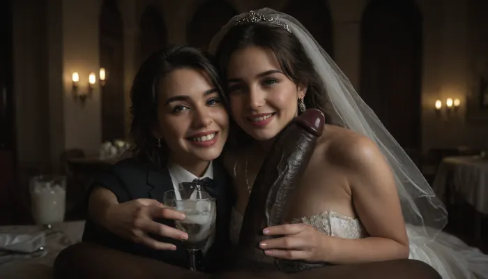 interracial, pov of black penis ., (((1white cuckold husband in suit is behind the bride hugging the bride he is happy and look at the camera))), very large black penis, The happy chubby Persian bride in sexy wedding dress, cum driping bride's chain' cum driping from black penis, drinking sperm from transparent glass cup, there is glossy and sticky sperm in cup, cup full of sperm, cum swallowing, ((gokkun)), cum dripping from the corners of her lips, The woman holds the cup under the black cock., happy, <lora:dark:1.2>