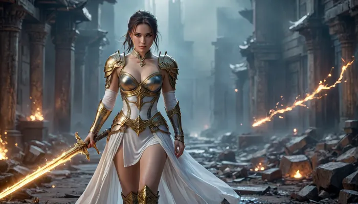 24 year young sexy woman, brunette, warrior gold with a longsword, fantasy gold armor, among the wastelands, visible titts, elegant hairstyle, very very big tits, tiara on her head., jinliu, default, clothes, silver, hair, blue, and, white, chinese, dress, eyes, long, boots, bangs, bare, shoulders, ponytail, footwear, Blindfold, with, crescent, marking, eyepatch, covered, glowneon, glowing, sparks, lightning, hkstyle, <lora:jingliu-a3-Tanger-000014:.8>, <lora:glowneon_xl_v1:.8>, <lora:WildcardX-XL-Detail-Enhancer:.8>, <lora:hkstyleV5:.8>