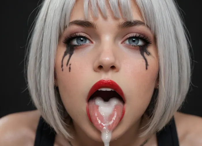 silver hair, (bob cut with bangs:1.5), goth girl, goth makeup, red lipstick, cat eye makeup, smudged makeup, picture of an open mouth with red lipstick, only mouth is visible, extreme close-up, zoom in, tongue sticking out, oral cumshot, projectile cum, cum on tongue, black background, excessive creampie