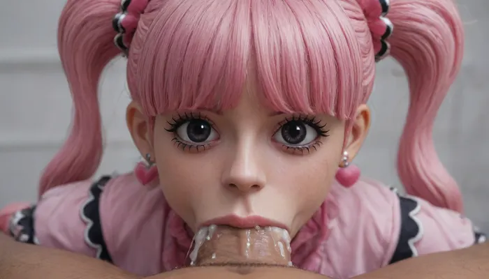 (Perona from "One Piece":2), (Perona outfit), (18yo), (doll black eyes), (extreme oral sex:2), (huge dick), (cum eruption), pov