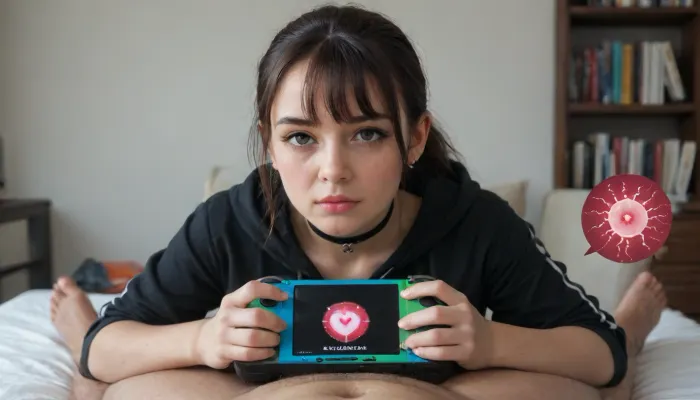 3rd person pronebone penetration from on top behind by fat ugly man, bored woman laying in a loungewear hoodie pushed aside thong looking at downwards at console, (looking away from viewer:1.5), (holding video game console:1.5), wearing choker, (impregnation breeding:1.3), creampie, covered in excessive cum, ponytail bangs