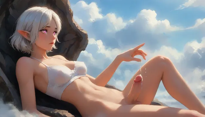 (Dark elf sorceress), glowing pink eyes, (detailed eyes), (perfect eyes), white hair, deep cleavage, seductive gaze, She's sitting back in a cloud chair, the chair is made of clouds, Clouds in the background, surrounded by clouds and sky, her legs are raised and spread apart, her arms are raised, she has short curly white hair, a white transparent blouse, no panties, no stockings, big round boobs, erect nipples, shiny body, toned abs, narrow waist, curvy hips, Profile view, looking from the side, sticking his ass up, testicles hanging down, relaxing pose, soft fog, erotic fantasy lighting, NSFW, masterpiece, highly detailed, futanari, futanari short penis, testicles, erection, futa_overflow, cum in zero gravity, dripping cum at himself, solo, bangs, eye, focus, confused face, sparkle, looking, at, viewer, glowing, eyelashes, <lora:J_cartoon:.3>, <lora:Animated_Concept:.3>, <lora:samdoesarts1.1-000030:.3>, <lora:209970_training_data:.8>, <lora:Jeweled eyes-NAI:.8>
