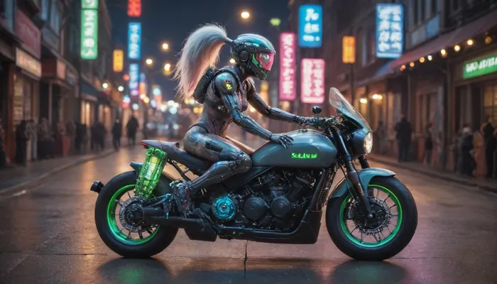 zoomed out full body portrait, ((Asian cyborg girl with human face and lights on helmet:1)), (neon pink and neon green robotic arms), (robotic legs), (neon blue robotic feet), robotic skeleton with visible neon robotic organs, many face scars and many tattoos, platinum hair in high ponytail, riding motorcycle with plasma wheels, <lora:PAseer-SDXL-Transparent Robot:.5>, <lora:DetailedEyes_V3:.5>