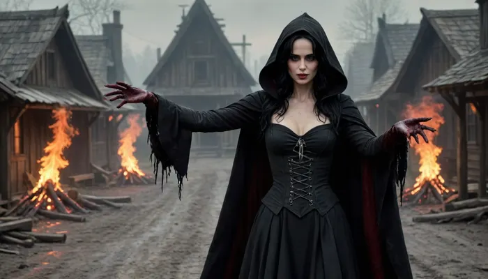 Me, a witch, 17th century, long tangled dirty black hair, wicked smile, evil grin, long cloak with hood, arms wide open, arms lifted up high, bloody makeup, red eyes, fire glowing in her hands, (((perfect hands))), standing in the mud, old wooden houses in the background, <lora:Dark Fantasy:.5>, <lora:dark_fantasy_art:.5>