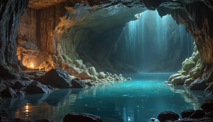 Gorgeous cave. Giant and intricate details. Glistening glowing pools of magical water. Bioluminescent crystals clinging to the cave walls. Garmash. Wlop. Guweiz. Oil paint strokes. Surreal. Outlines. Vivid and surreal crystals and magical water., worms, tentacles, snake, <lora:worms:.8>