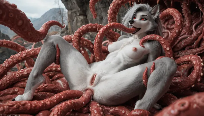 ((anthropomorphic gray wolf body:2), Hell Boss Loona, (furry:2)), (18 year old, small breasts, erect nipples, wide pelvis, micro waist), huge octopus monster, huge tentacles, tentacle in anus detail, large kraken octopus monsters, tentacle bondage, tentacle monster grabbing her, tentacle entering mouth, huge gap between thin thighs, (ultra, HD, quality, details), .